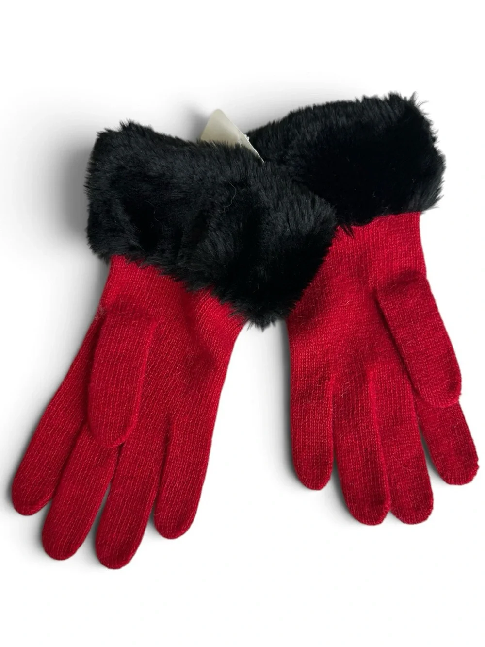 Portolano Red Soft Lambswool Knit Gloves Black Faux Fur Cuffs NWT
